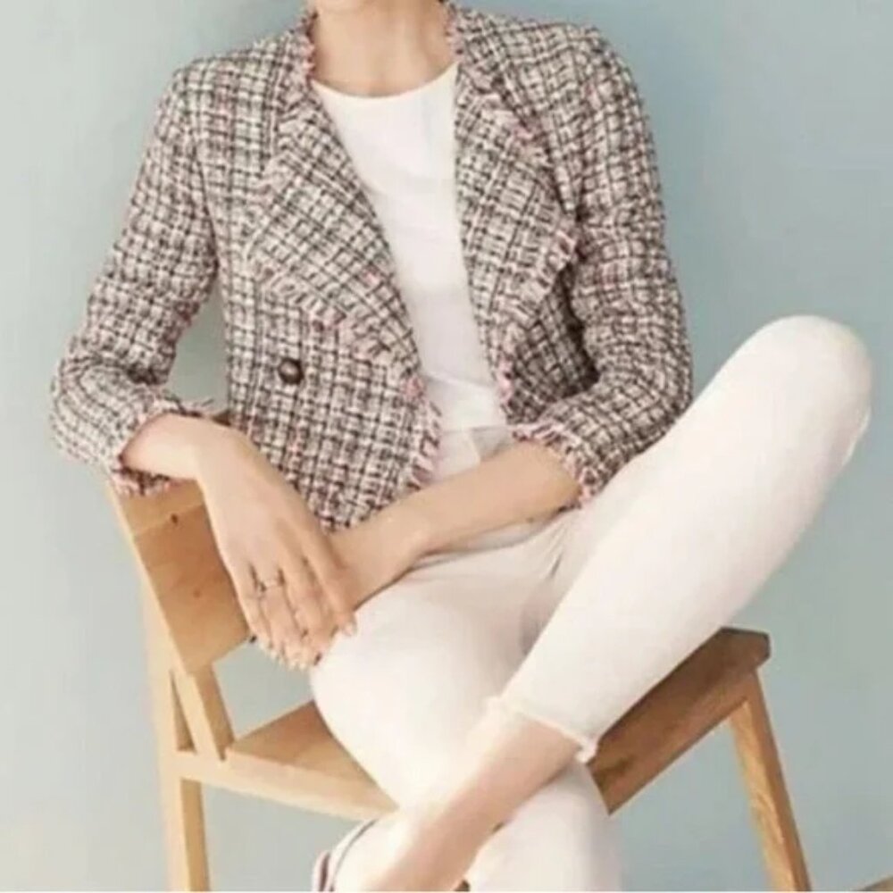 Ann Taylor Pastel Tweed Cascade Fringe Double Breasted Crop Jacket Blazer Size 2